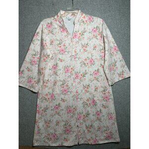 Miss Elaine Medium House Coat Robe Floral Womens Quilted Zip Pink White Womens